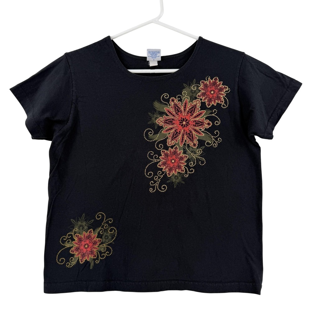 Crazy Shirts Hawaii Shirt Womens Small Black Floral Graphic‎ Crew Neck Tee Top